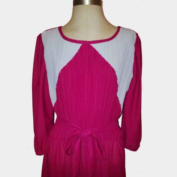 Vtg 70s Puff Sleeve Pleated Top Waist Tie Dress 16 - Picture 2 of 7